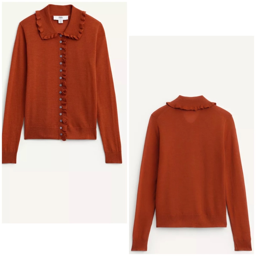 Zara Rust Ruffle-Trim Button Cardigan - Picture 5 of 15